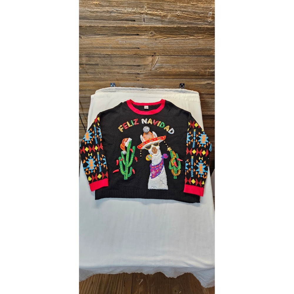 Holiday Time Feliz Navidad Llama Christmas Sweater Womens 1X Black Aztec Sleeve